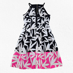 Vince Camuto Black White Pink Leaf Print Fit & Flare Sleeveless Dress Size 12